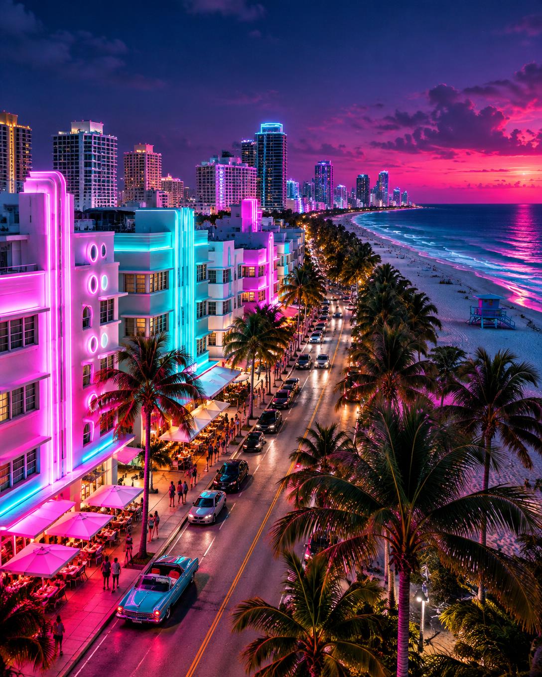 Neon pink and turquoise Art Deco hotels along Miami's palm-lined coast at dusk
